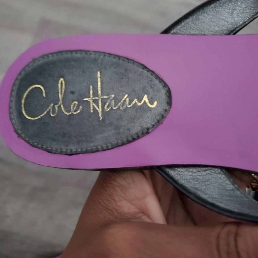 Cole Haan Women's Sandals Size 6.5B Purple Black Leather Animal Print Logo Flats - Picture 9 of 9